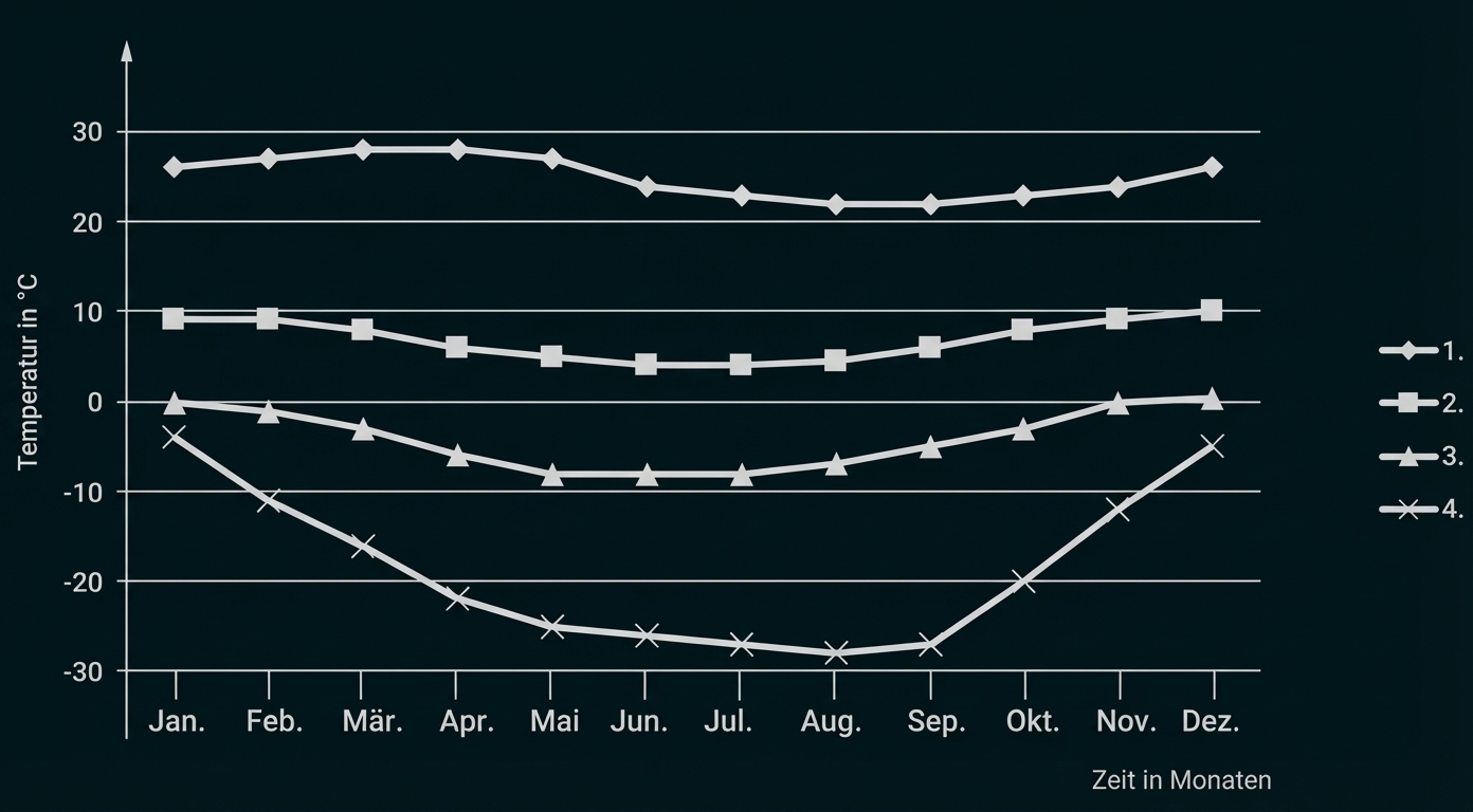 Liniendiagramm mit vier Temperaturverläufen über die Monate (Jan–Dez), Temperatur in °C.